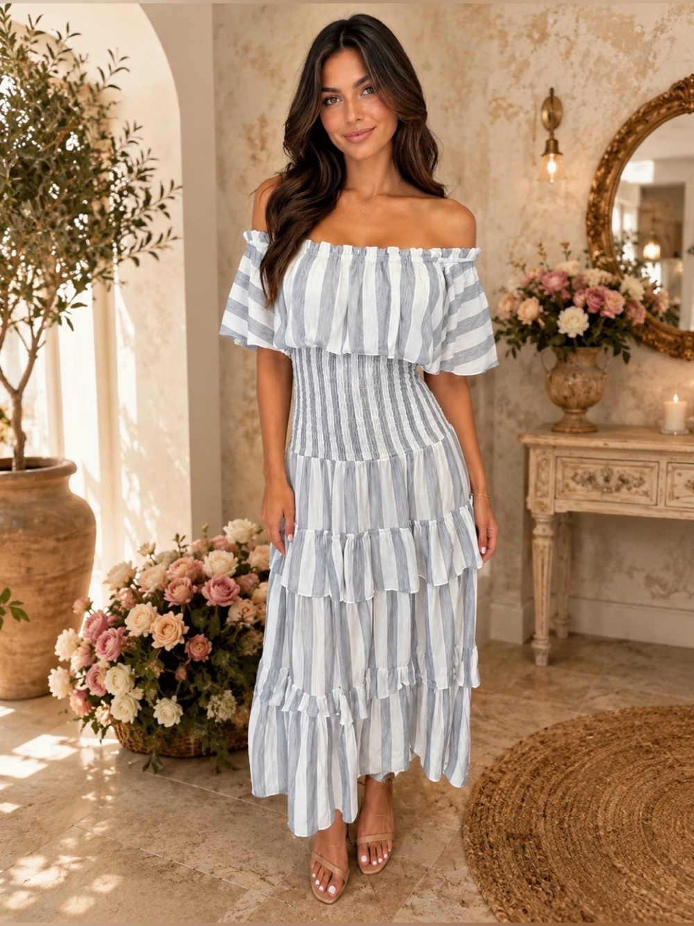 NWT Victoria’s Boutique Blue & White Striped Off-the-Shoulder Smocked Dress